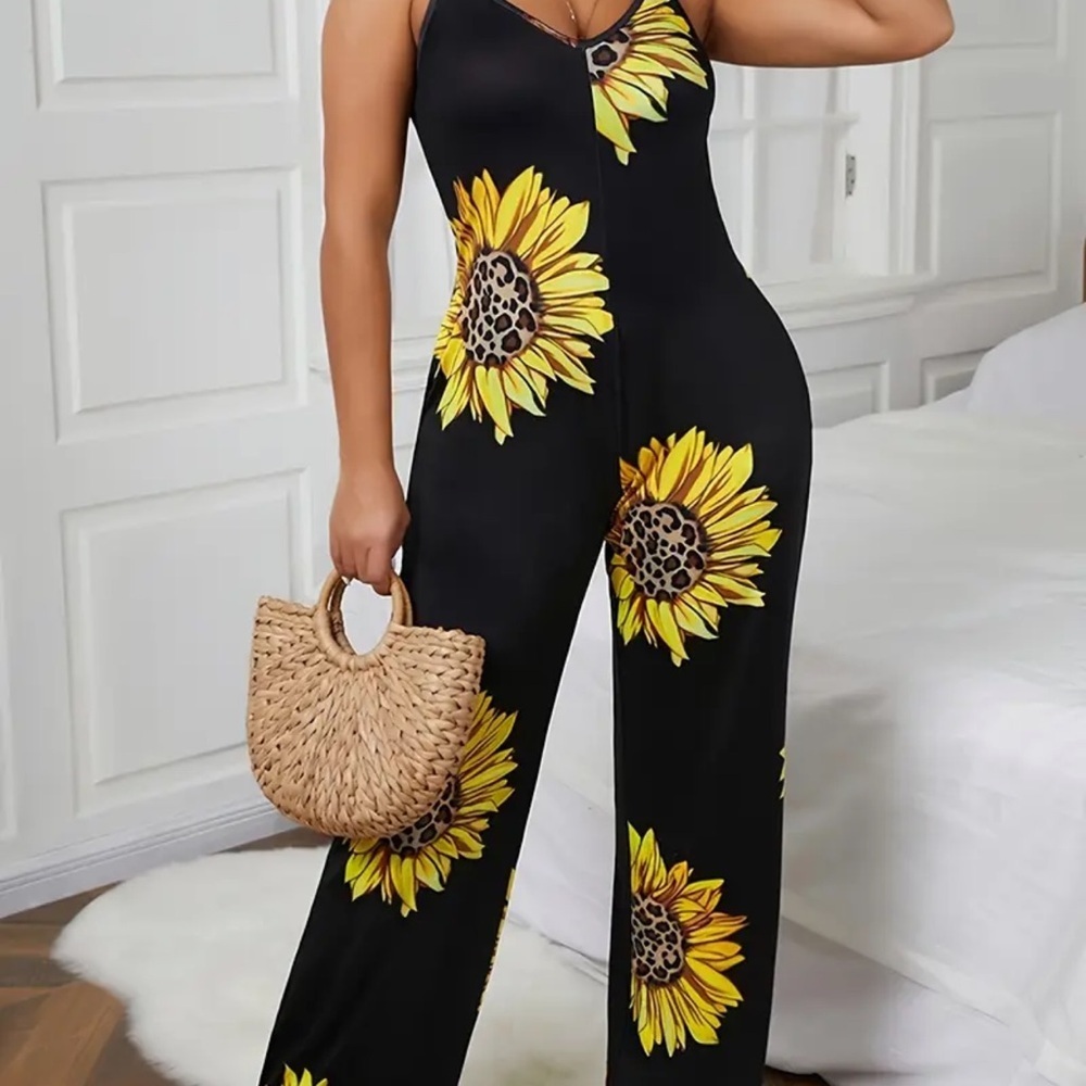Sunflower Print Black Jumpsuit